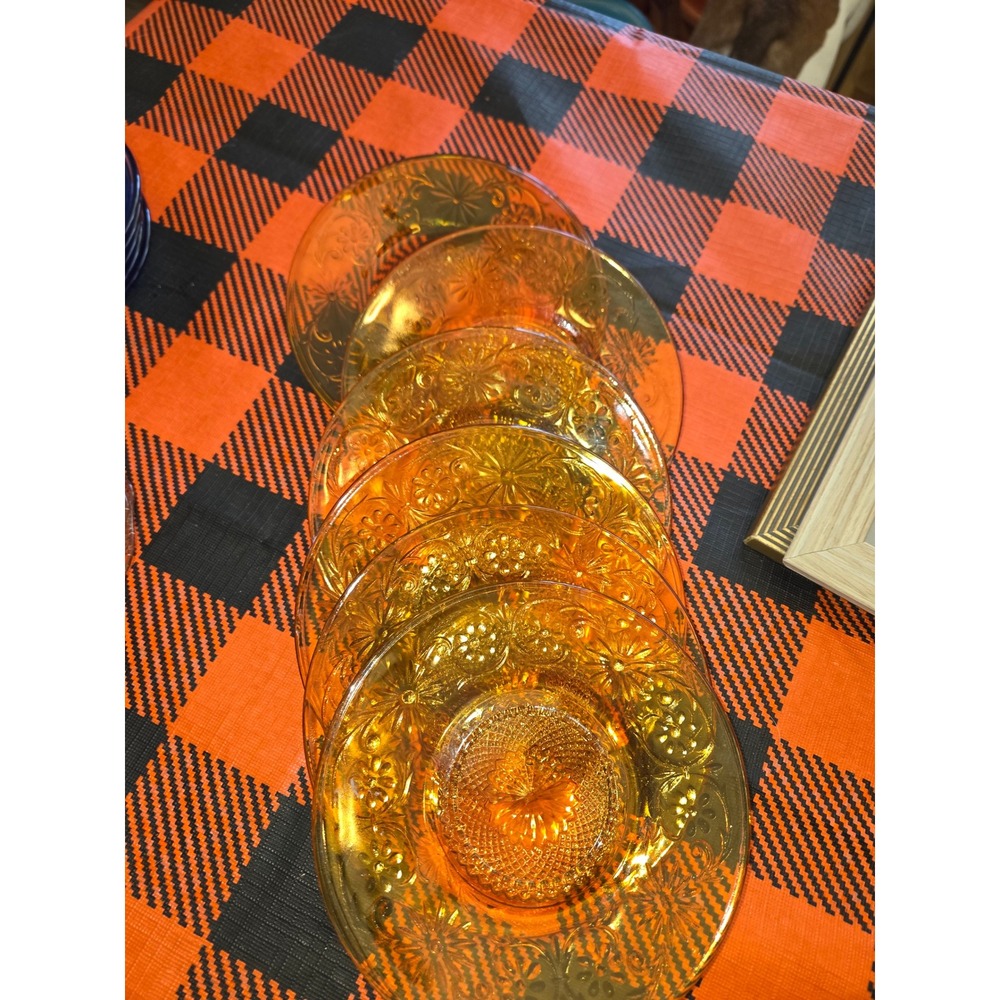 Vintage Tiara Amber Sandwich Glass Small Plates Set of 6 Dessert Appetizer 6in